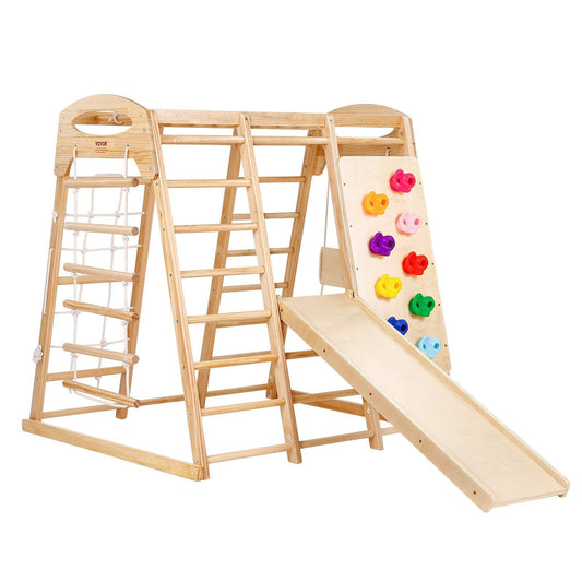 Indoor Jungle Gym, 7-in-1 Toddler Indoor Playground, Wooden Toddler Climbing Toys Indoor with Wood & Rope Ladder, Net Ladder, Swing, Monkey Bar, Slide, Climbing Wall, 47.2 x 58 x 56in